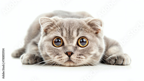 Funny surprised young cat make big eyes closeup isolated on white background. Breed Scottish Fold.