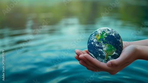 Hands Holding Earth with Water Reflection, Sustainable Environment Concept Design for Earth Day. 