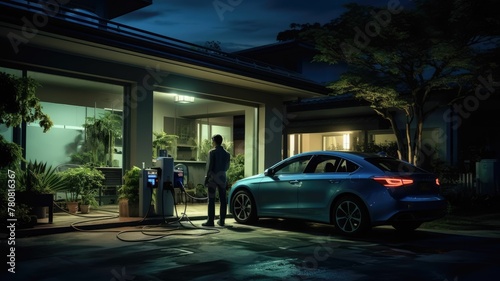 Charging at home: Depicting electric cars charging in residential areas, emphasizing convenience and home-based sustainability © Дмитрий Симаков