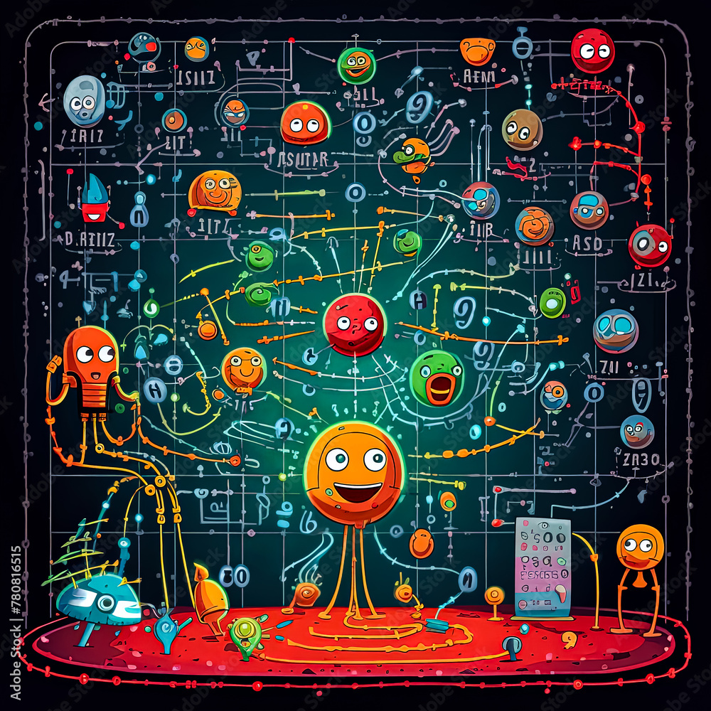 Obraz premium A colorful drawing of a tree with many faces and numbers. The tree is surrounded by a lot of other faces and numbers, and the overall mood of the image is playful and whimsical