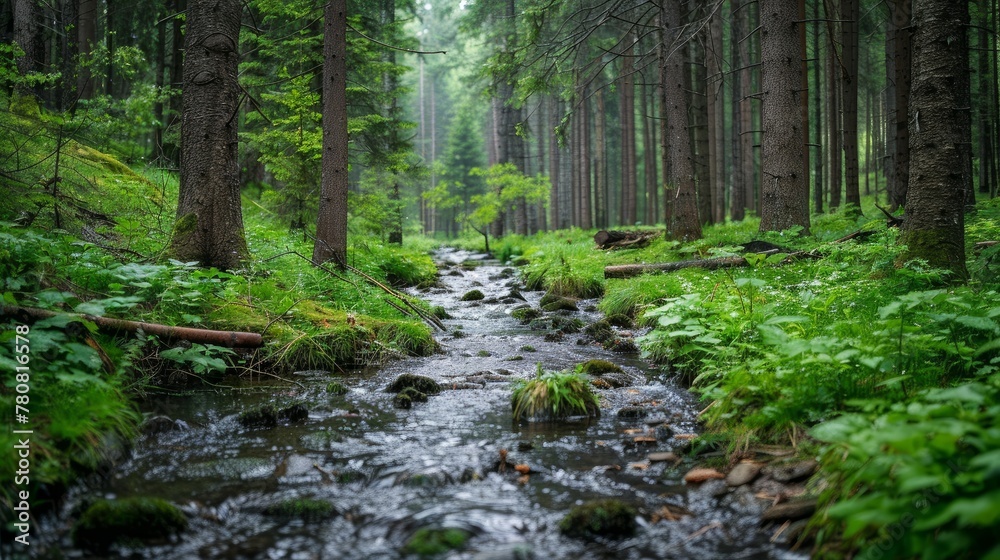 Fototapeta premium Sunlight filters beautifully through the dense canopy of towering trees in a serene woodland scene