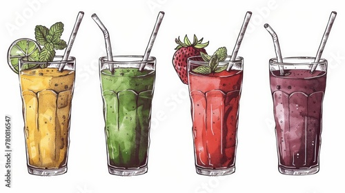 A colorful set of various smoothies in unique cups, highlighting superfoods