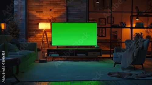A cozy living room at evening with a large TV featuring a horizontal green screen