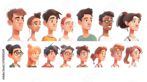 People avatars set. Young men and women with thinking face expressions. Modern line character heads, happy smiling thoughtful girls and guys.vector © GED