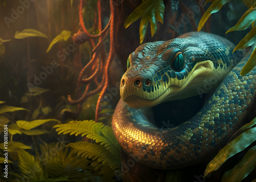 portrait of beautiful  ancient  python  snake in greenery of jungle. close up. Ai generated photo