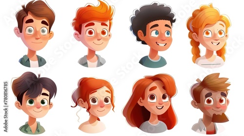 People avatars set. Young men and women with thinking face expressions. Modern line character heads, happy smiling thoughtful girls and guys.vector