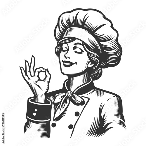 Chef woman wearing a chef hat and making an okay sign with her hand sketch engraving generative ai fictional character vector illustration. Scratch board imitation. Black and white image.