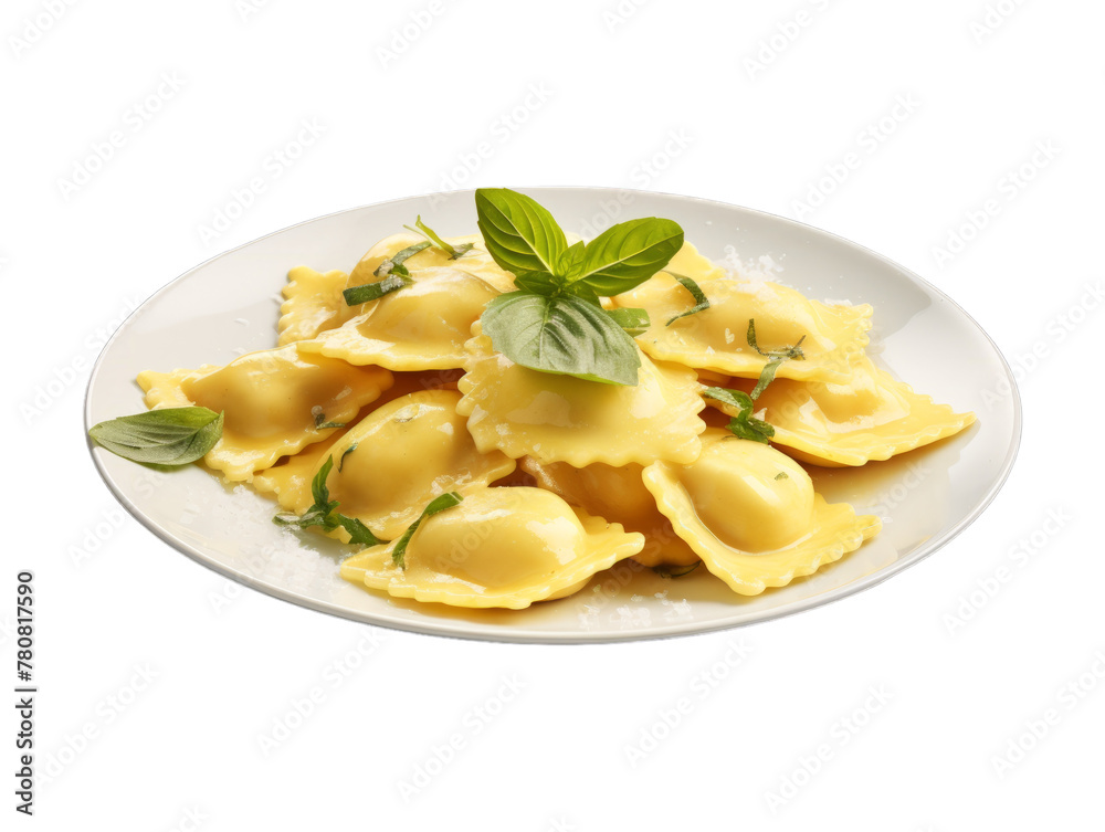 Cheese Ravioli isolated on transparent png background. Generative ai