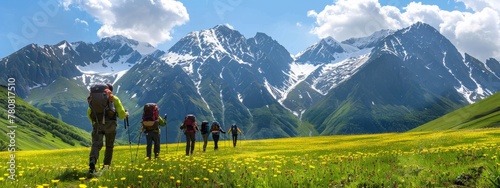 A group of hikers with backpacks and walking sticks are hiking in the mountains, surrounded by green alpine meadows with yellow flowers.