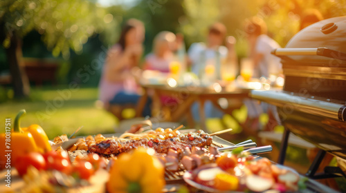 Photo of a family and friends having a picnic barbeque grill in the garden. having fun eating and enjoying time. sunny day in the summer