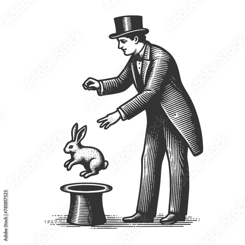 Circus magician pulling rabbit out of hat, capturing the magic of entertainment sketch engraving generative ai fictional character vector illustration. Scratch board imitation. Black and white image.