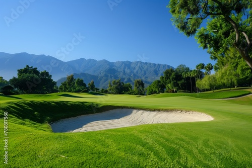 Sunny golf course with mountain backdrop