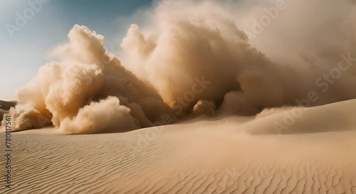 stormy wind is blowing sand across a desert creating a sandstorm photo