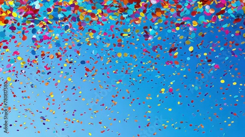 A festive scene of multicolored confetti flying joyously against a vivid blue background © Chingiz