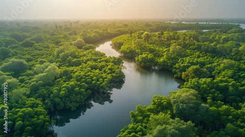 An aerial view of the dense and expansive mangrove forests in Gambia