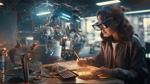  woman wearing AR glasses is writing code to intelligently control a robot. On the background of a lab full of high-tech equipment. It represents technological progress.  photo