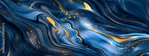 Abstract background of swirling blue and gold hues  resembling the texture of marble or iridescent stones. The composition is intricate with layers of fluid shapes.