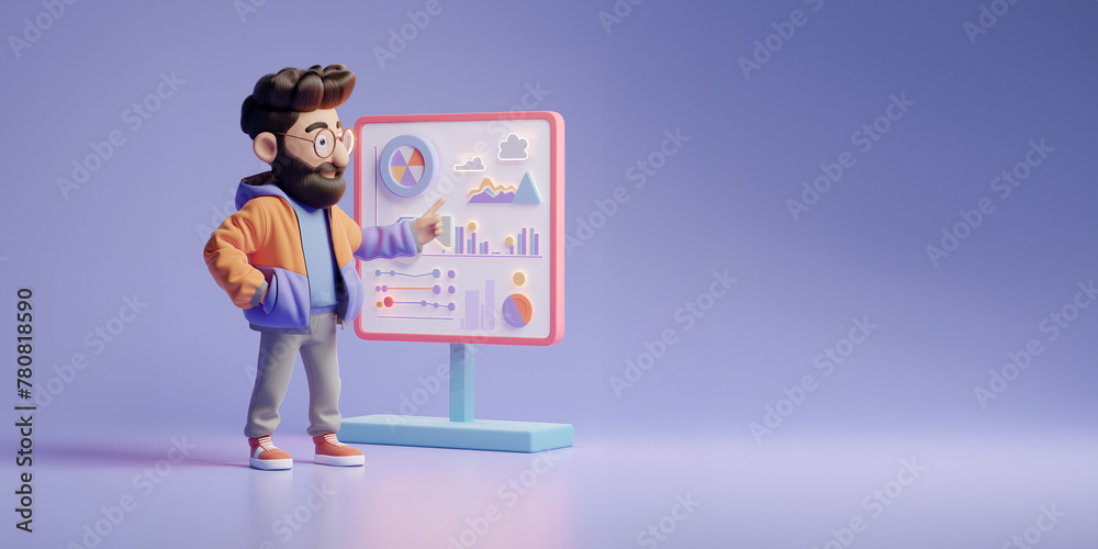 3D character points at colorful data charts on display.