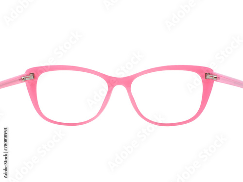 Rear view of a pair of glasses with a pink frame isolated on a transparent background