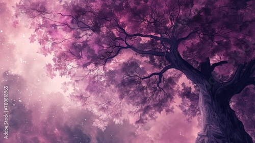 An abstract depiction of a serene moment under a grand tree, with soft pink and purple hues and minimalistic design, capturing the beauty of light filtering through leaves.