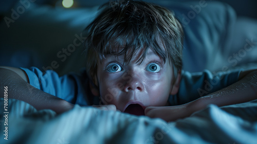 A young child looking scared in bed at night. photo