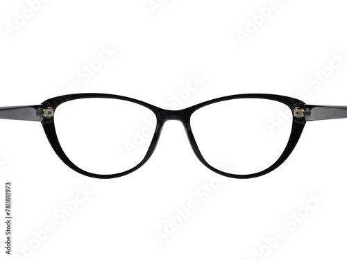 Rear view of a pair of glasses with a black frame isolated on a transparent background