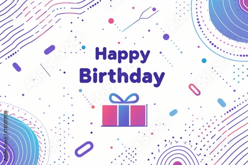 banner design with text  Happy Birthday  and a gift box icon on a white background colorful dots and lines in a 2D style Generative AI