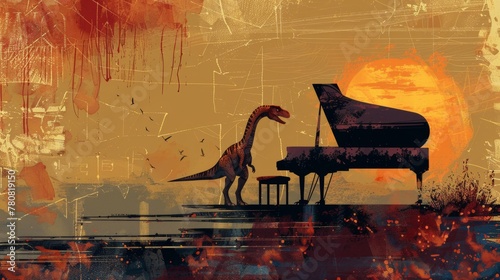 Fototapeta Naklejka Na Ścianę i Meble -  A solitary dinosaur sits at a grand piano, with abstract patterns of Soybean and Eclipse colored letters surrounding it, emphasizing negative space in a minimalistic design.