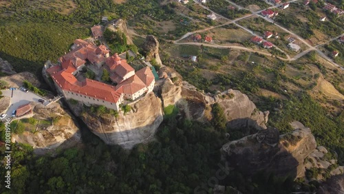 Aerial top view of Monastery of Saint Stephen (Agios Stefanos Monastery) in Meteora, Greece. St. Steven Monastery, a UNESCO World Heritage site.