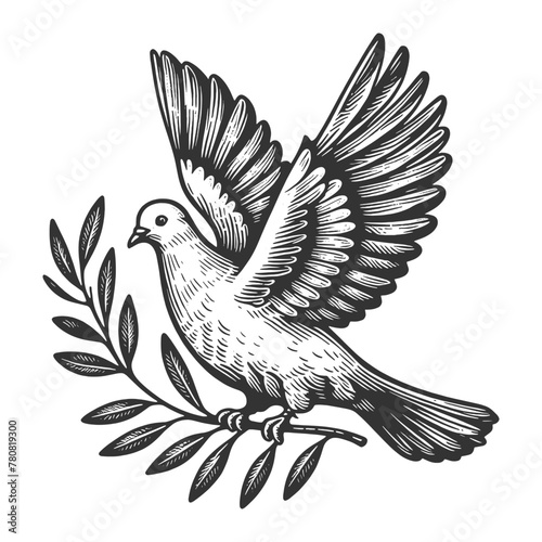 dove in flight, carrying an olive branch, symbolizing peace and harmony sketch engraving generative ai fictional character vector illustration. Scratch board imitation. Black and white image.