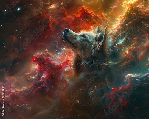 A vibrant scene unfolds with toxic cosmos hues as a baby-dog celebrates amidst enigmatic space, where life thrives in a festive atmosphere.