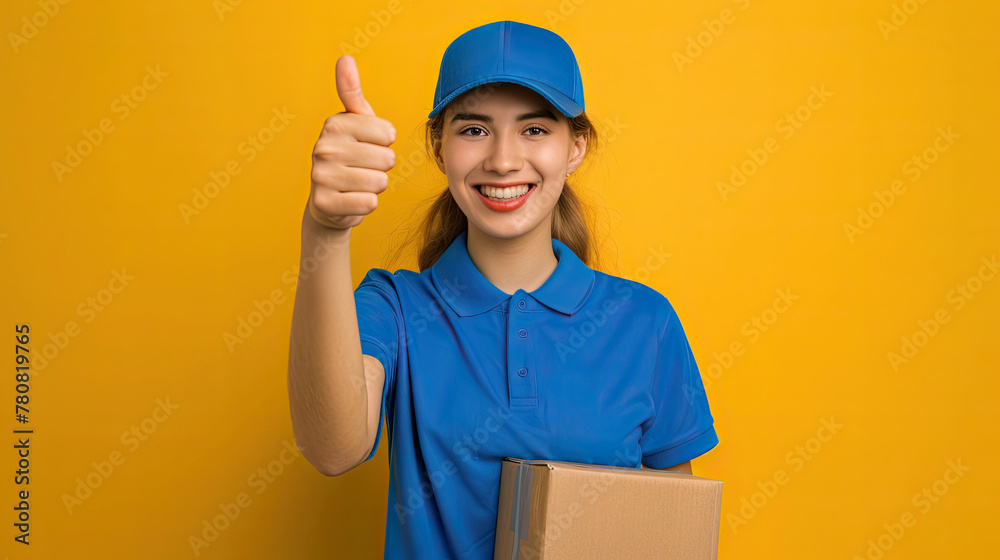 Delivery woman wearing blue t-shirt an cap over isolated yellow background with thumbs up