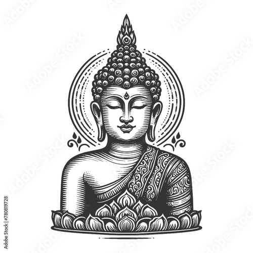 Buddha face with mandala design sketch engraving generative ai fictional character vector illustration. Scratch board imitation. Black and white image.