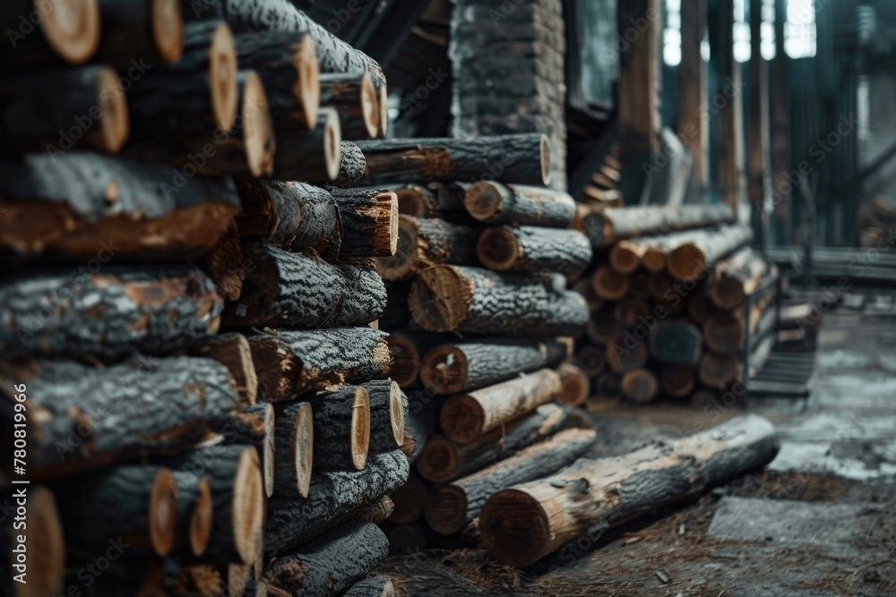 A pile of logs sitting next to each other. Perfect for various wood industry concepts