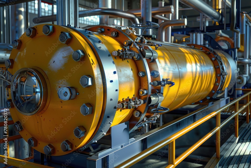 A large yellow machine inside a building, suitable for industrial concepts A large yellow machine inside a building, suitable for industrial concepts