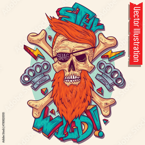 Hipster Skull with Beard and Graffiti Elements Vector Illustration 