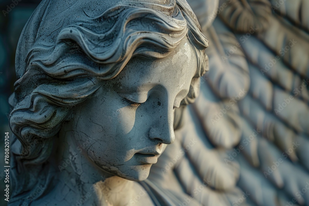 A detailed close up of a statue of an angel. Suitable for religious or spiritual themes