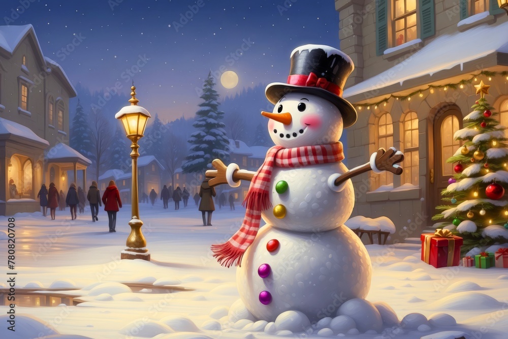 Obraz premium Winter christmas snowman illustration portrait holiday seasonal theme concept. 