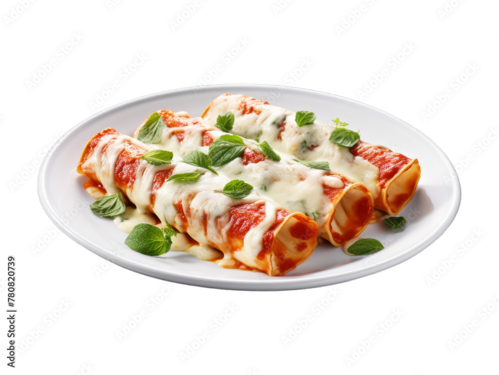 Cheese Manicotti isolated on transparent png background. Generative ai