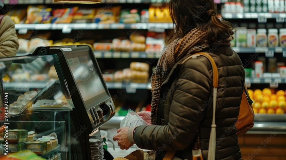 A woman standing in front of a cash register. Ideal for business and finance concepts