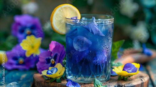 Butterfly pea juice with yellow lemon sliced on wooden table photo