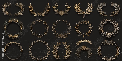 Collection of elegant golden wreaths on a dark backdrop. Ideal for awards, achievements, and victory concepts