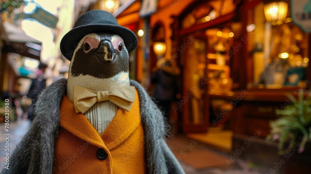 Dapper penguin struts through city streets in tailored elegance, embodying street style. The realistic urban backdrop frames this formally attired bird, seamlessly merging Antarctic charm with contemp