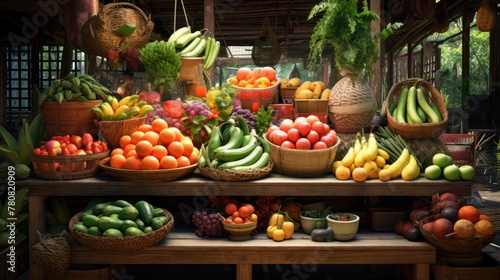 Tropic fruit market: Outdoor stall in Asia featuring exotic fruits, a lively burst of freshness and flavor. photo
