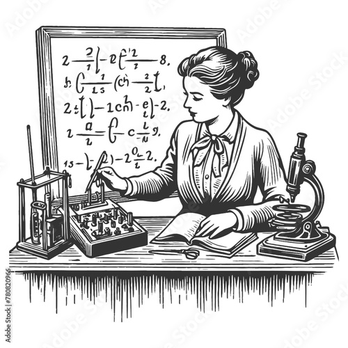 female scientist working with complex equations and early laboratory equipment sketch engraving generative ai fictional character vector illustration. Scratch board imitation. Black and white image.