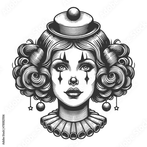 Beautiful female clown with ornate costume details and a melancholic expression sketch engraving generative ai fictional character vector illustration. Scratch board imitation. Black and white image.