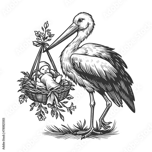 stork carrying a newborn baby, depicting the classic myth of stork delivery sketch engraving generative ai fictional character vector illustration. Scratch board imitation. Black and white image.