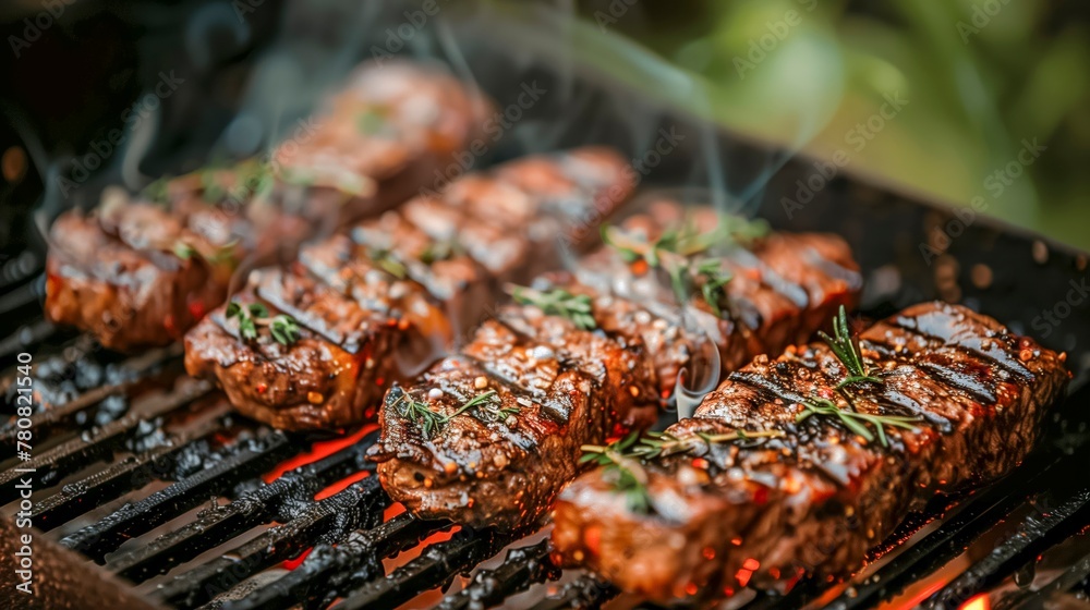 Steaks seasoned with fresh herbs grilling over charcoal Steaks seasoned with fresh herbs grilling over charcoal