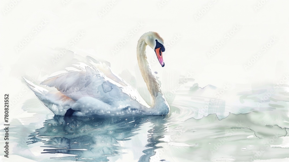 A serene watercolor painting of a swan gracefully swimming in the water ...
