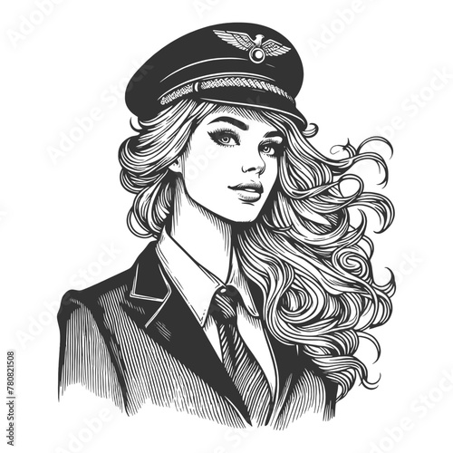vintage female pilot with a cap, showcasing confident beauty and flowing hair sketch engraving generative ai fictional character vector illustration. Scratch board imitation. Black and white image.